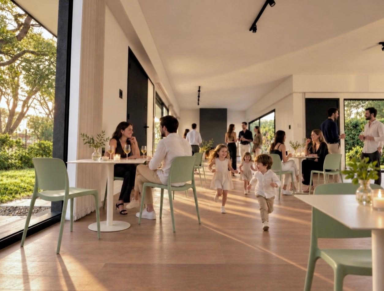 Salón interior de ENTRE abierto al jardín